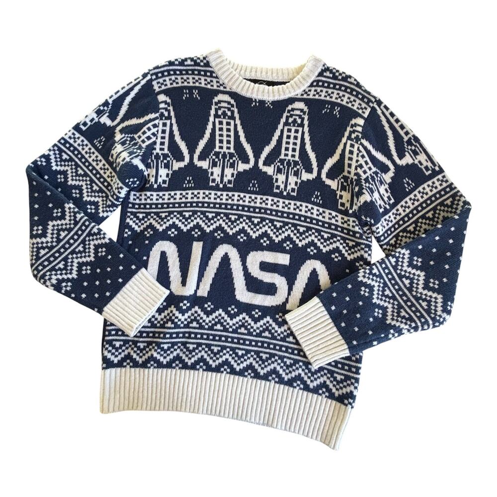 Neon Riot NASA Fair Isle Knit Holiday Sweater Unisex Medium Blue & White Space